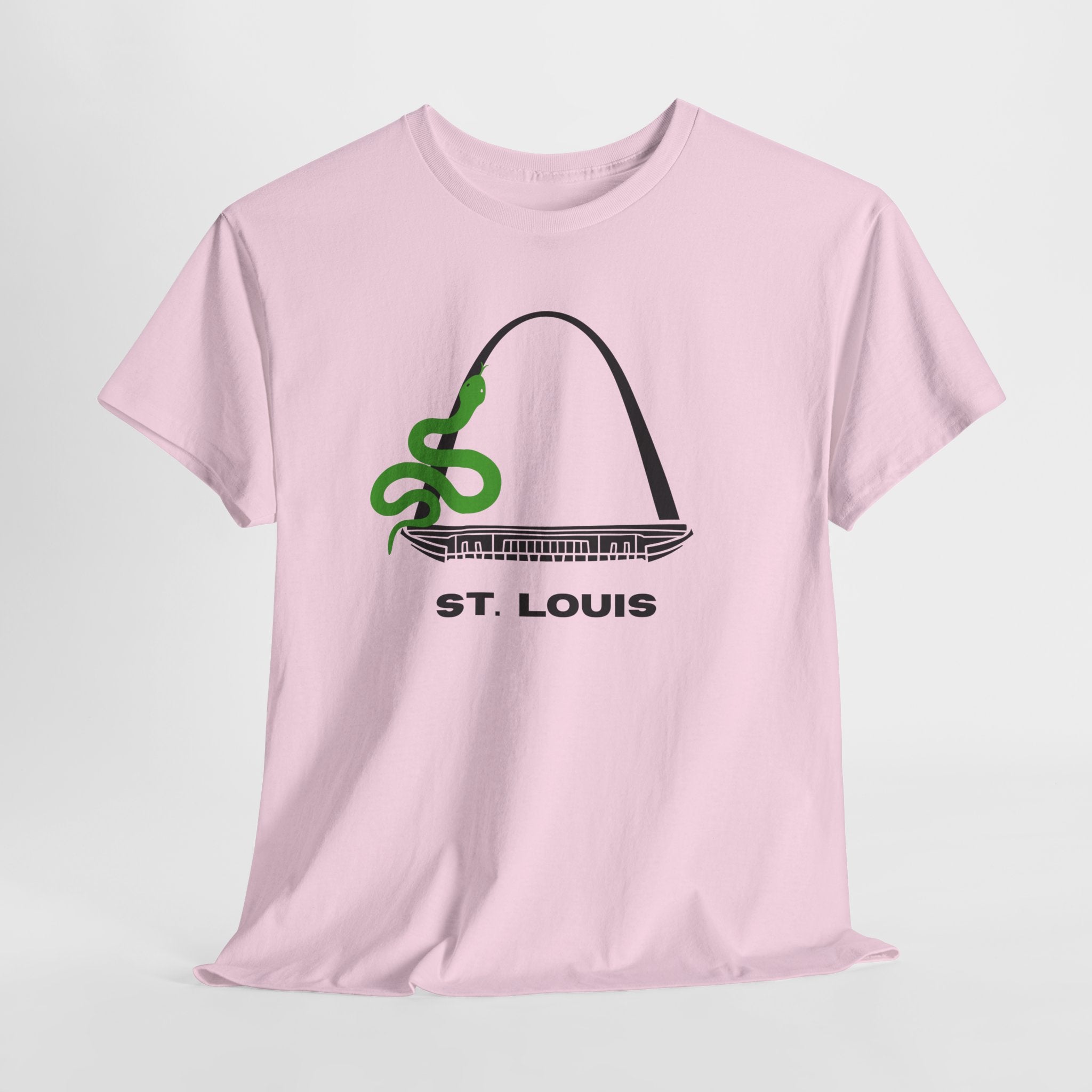 Fun and Quirky St. Louis Gateway Arch Graphic Unisex Heavy Cotton T‑Shirt — Green Snake Design