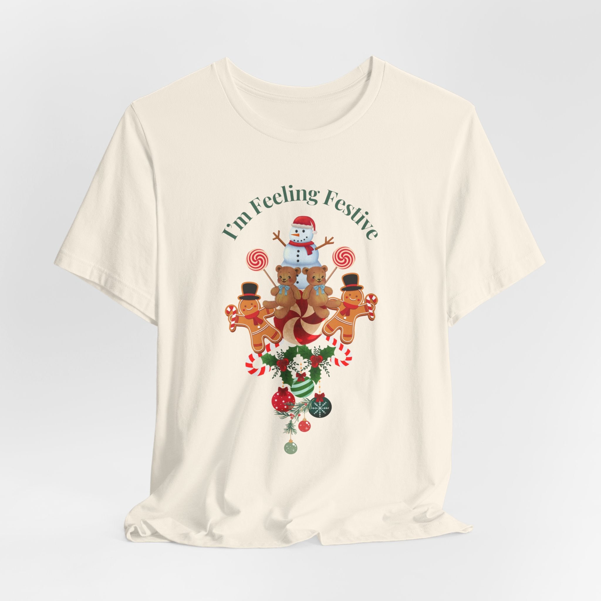 Colorful Holiday Tee — "I'm Feeling Festive" Christmas Reindeer & Snowman Graphic  Unisex Heavy Cotton T-Shirt