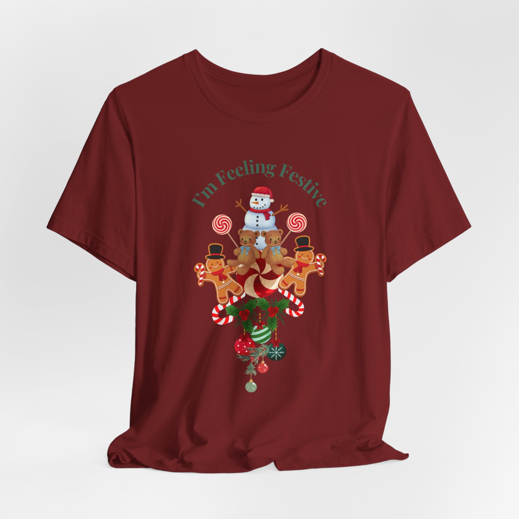 Colorful Holiday Tee — "I'm Feeling Festive" Christmas Reindeer & Snowman Graphic  Unisex Heavy Cotton T-Shirt