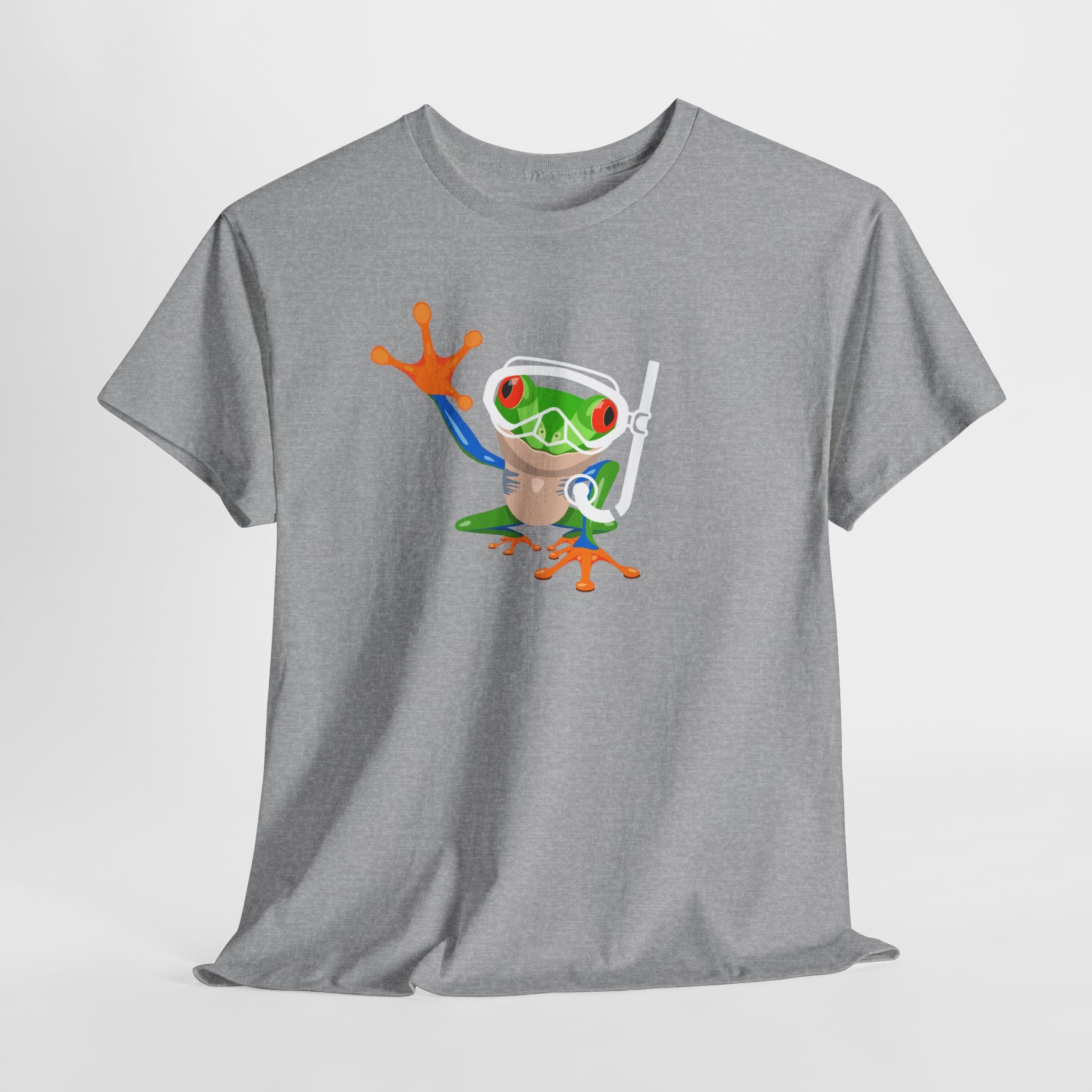 Fun Quirky Snorkel Tree Frog  (Dark Colors) Unisex Heavy Cotton Tee, Funny Frog Shirt, Cute Graphic Tee, Perfect Gift for Nature Lovers, Summer Fun Fashion