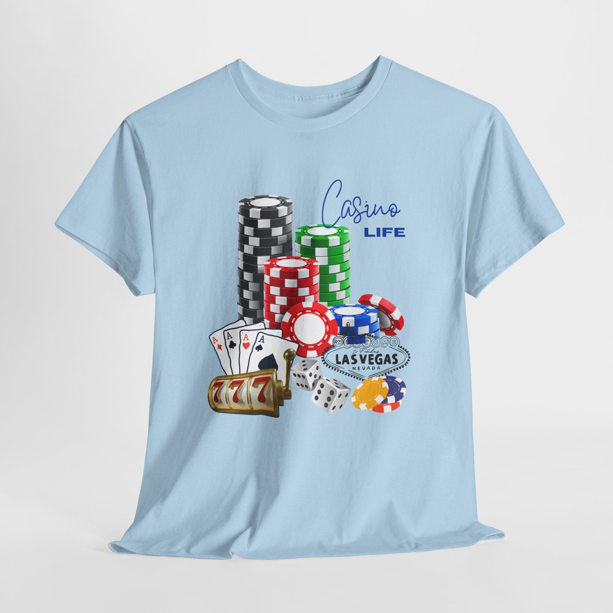 Bring on The Luck with this Casino Life Unisex Heavy Cotton T‑Shirt — Las Vegas Poker Chips & Cards Graphic Tee