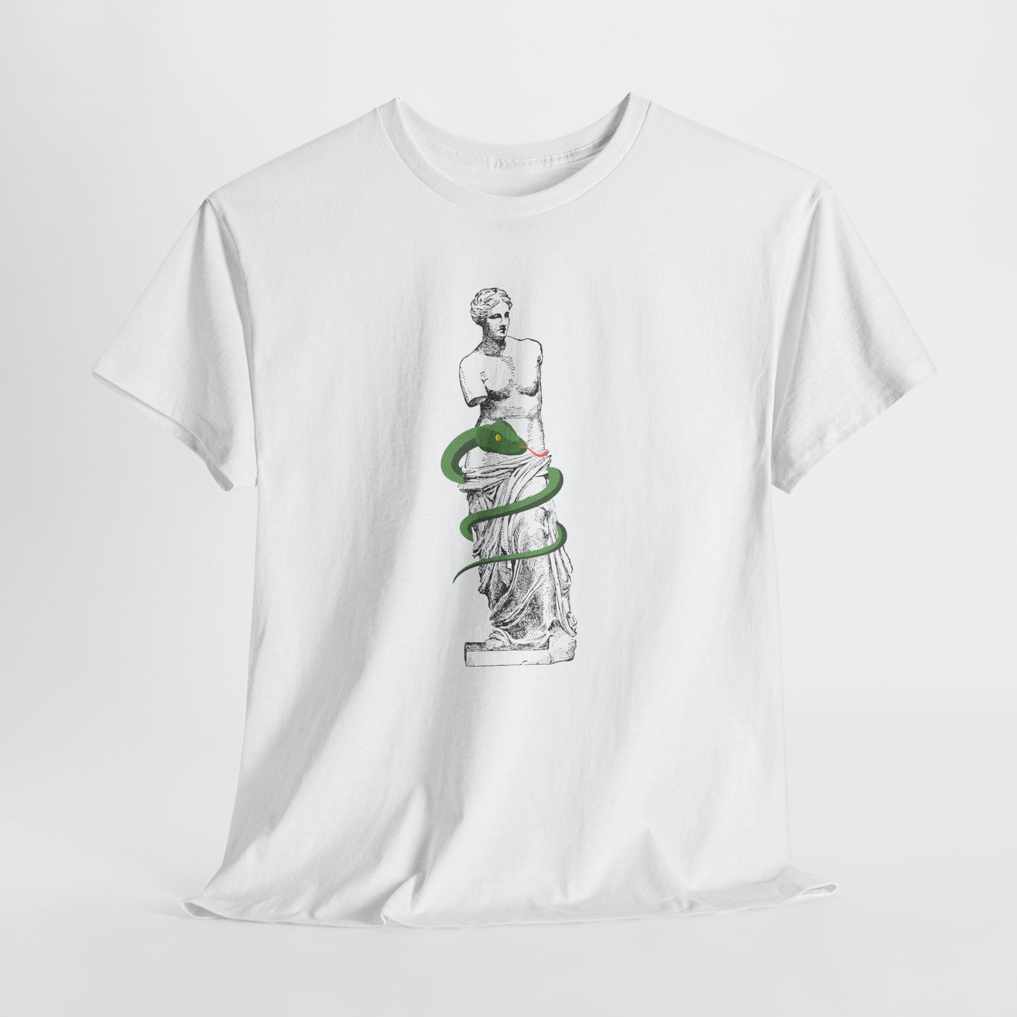 Stylish Venus Di Milo with Serpent Graphic Unisex Heavy Cotton Tee - Classic Greek Statue Design with a slithery twist