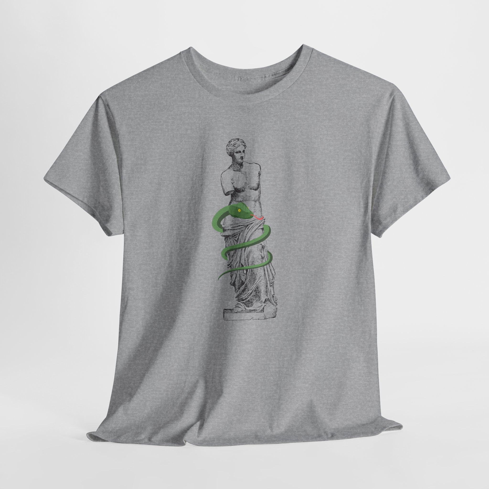 Stylish Venus Di Milo with Serpent Graphic Unisex Heavy Cotton Tee - Classic Greek Statue Design with a slithery twist