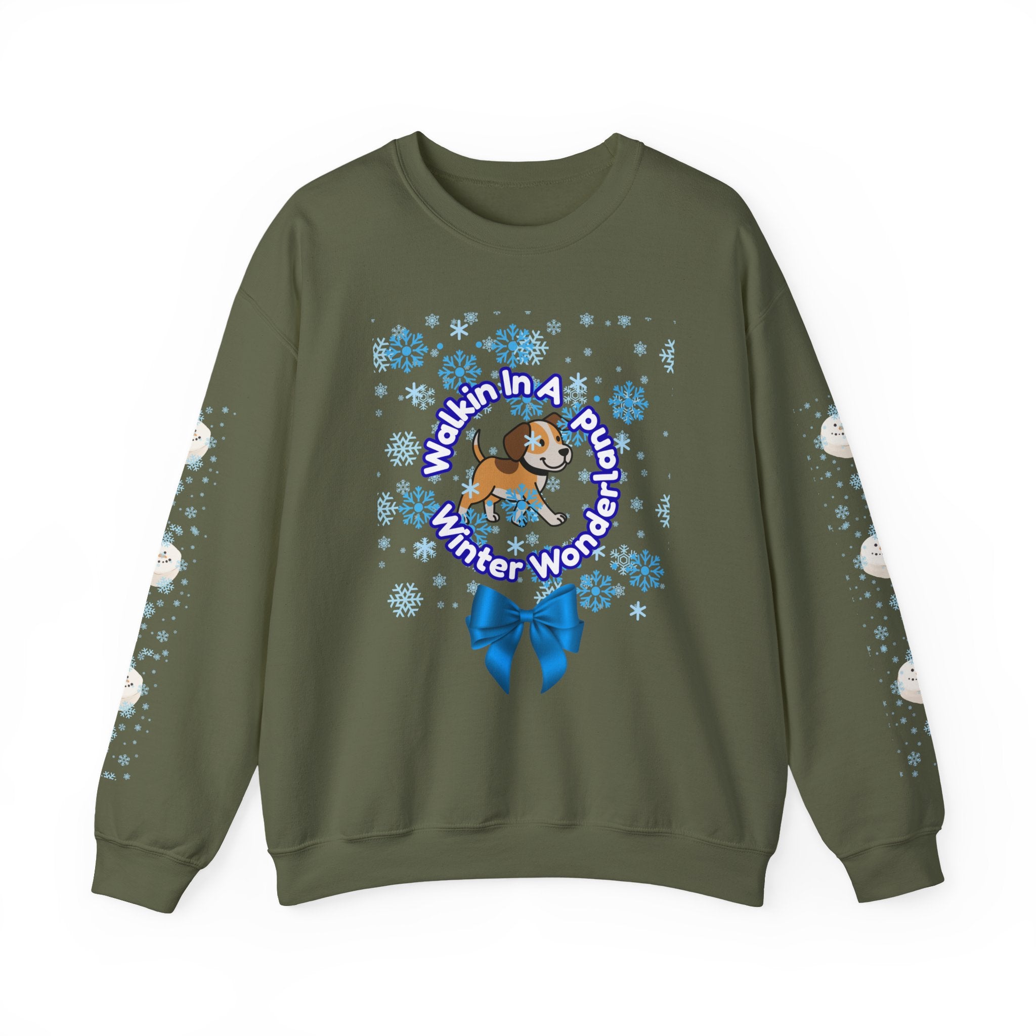 Happy Dog Lover Holiday "Walkin' In A Winter Wonderland" Unisex Crewneck Sweatshirt with Side Arm Embellishments