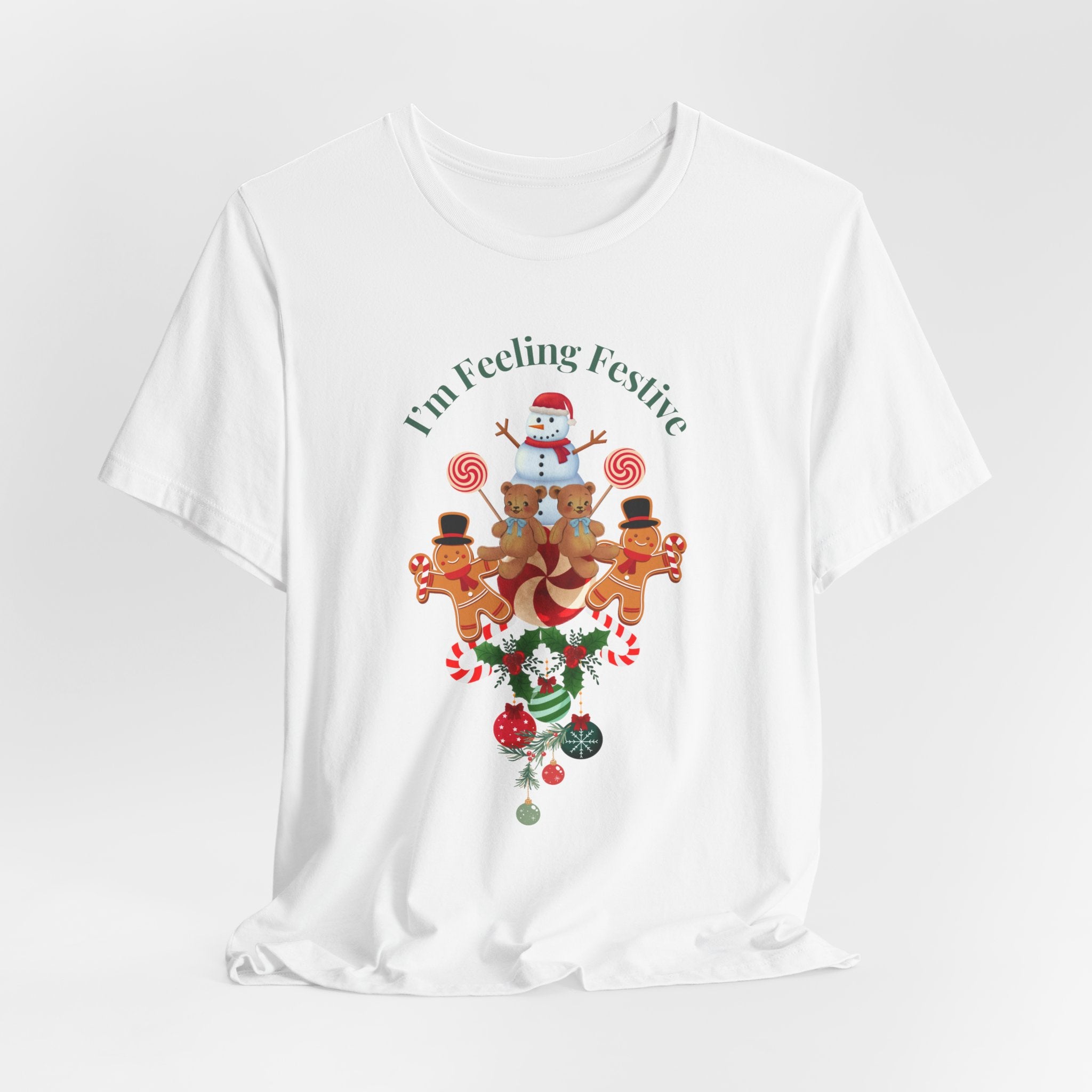 Colorful Holiday Tee — "I'm Feeling Festive" Christmas Reindeer & Snowman Graphic  Unisex Heavy Cotton T-Shirt