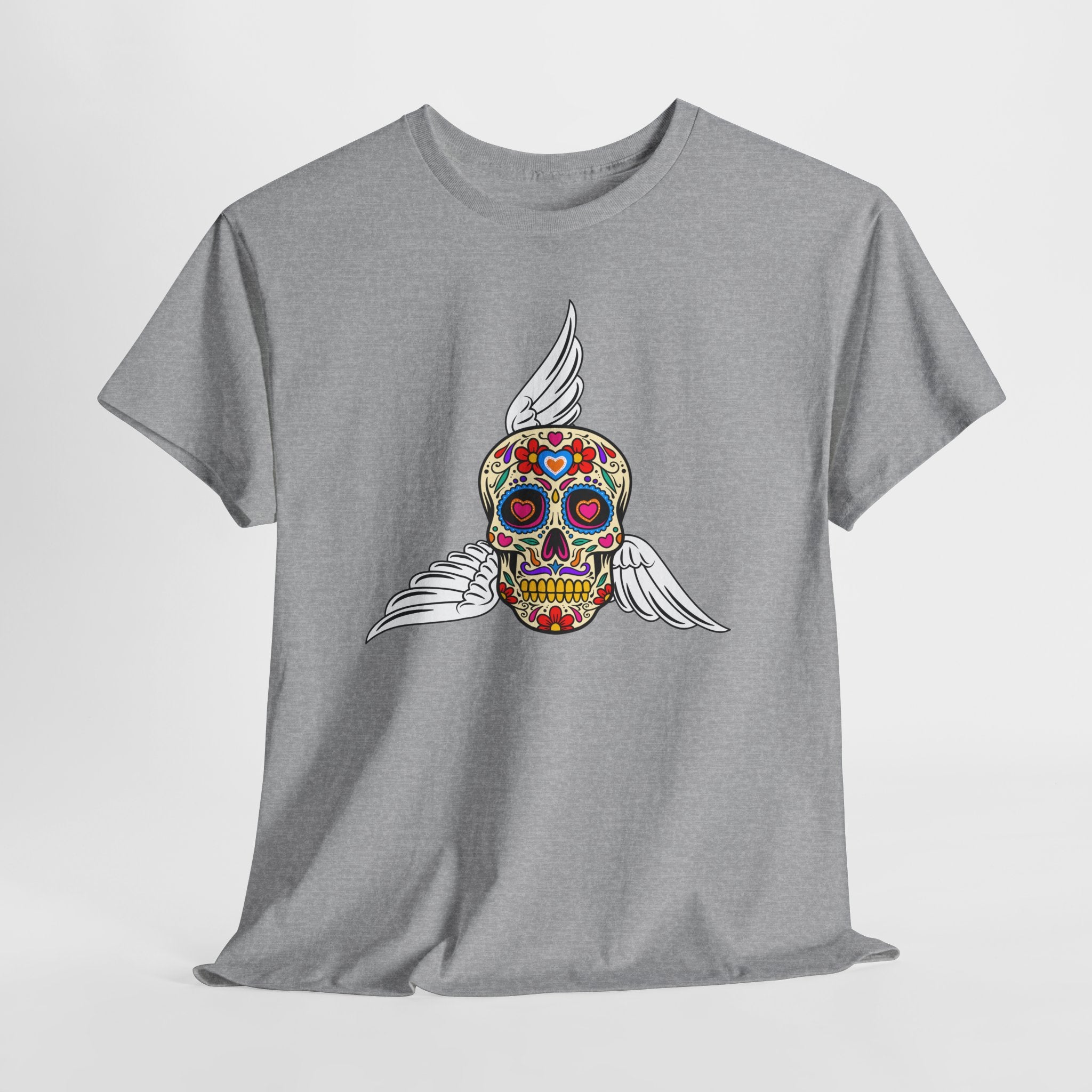 Fun Graphic Sugar Skull Tee with Angel Wings – Day of the Dead Graphic Heavy Cotton Unisex T-Shirt