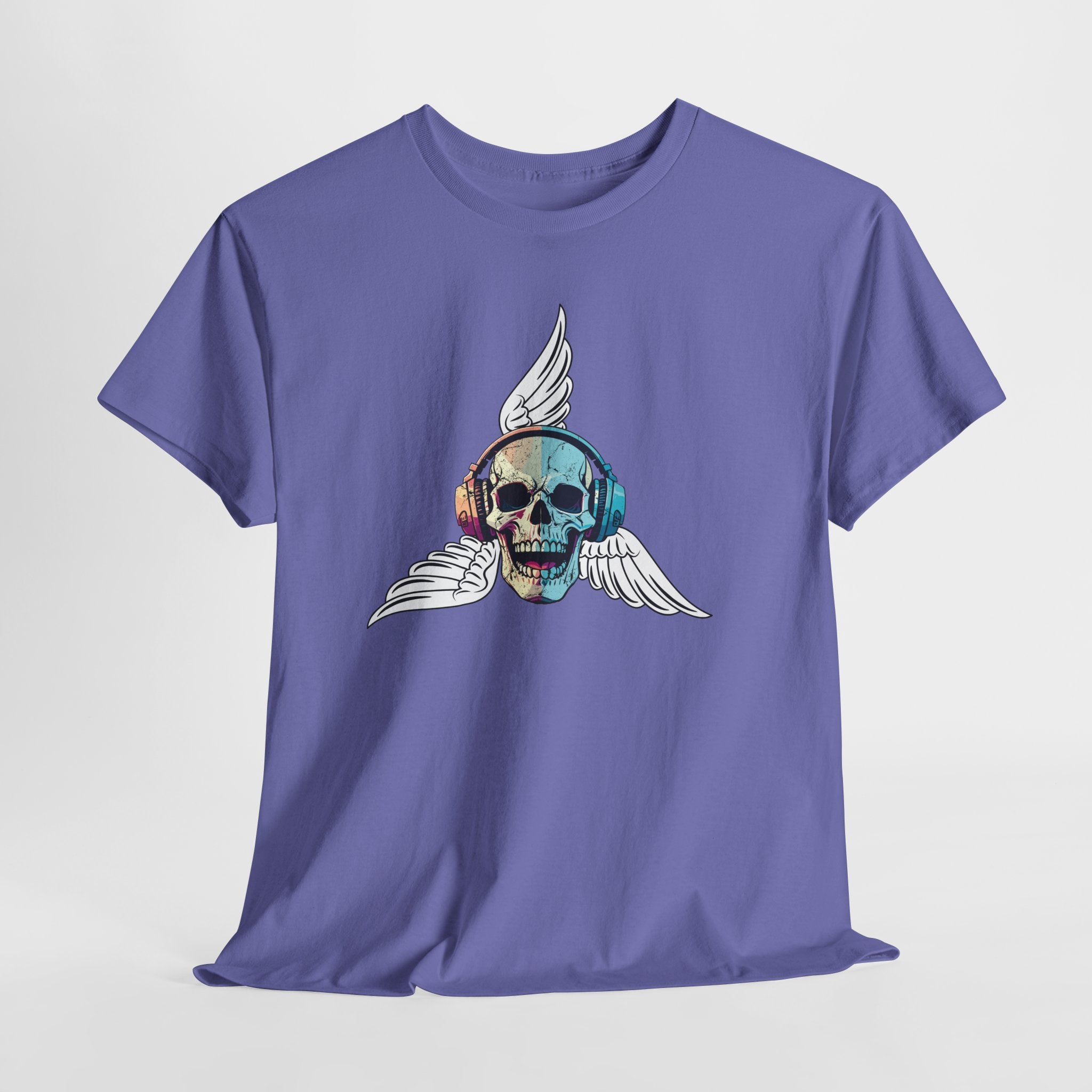 Fun Beats Skull with Wings Graphic  Unisex Heavy Cotton Tee — Vintage Rock Music Skull T-Shirt