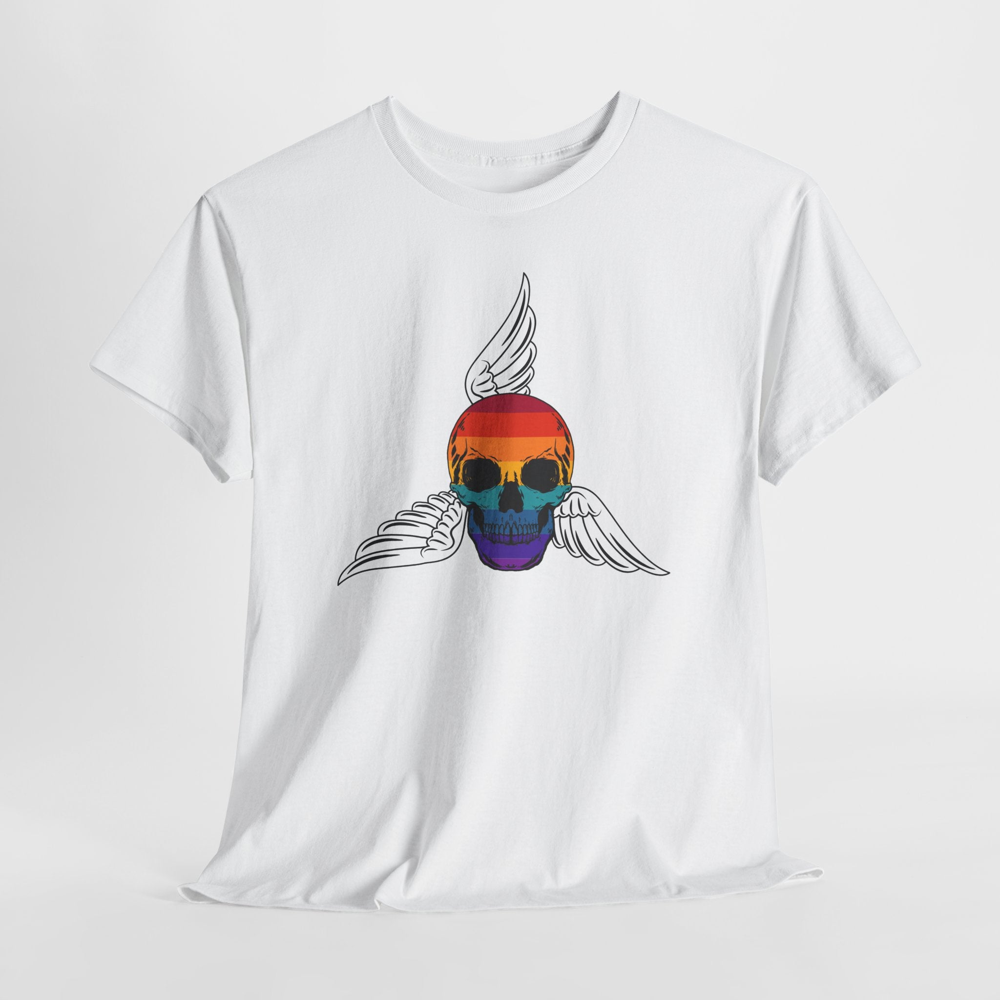 Graphic Rainbow Winged Skull Unisex Heavy Cotton T-Shirt — Edgy Pride Skull Tee for LGBTQIA+ Events & Festivals