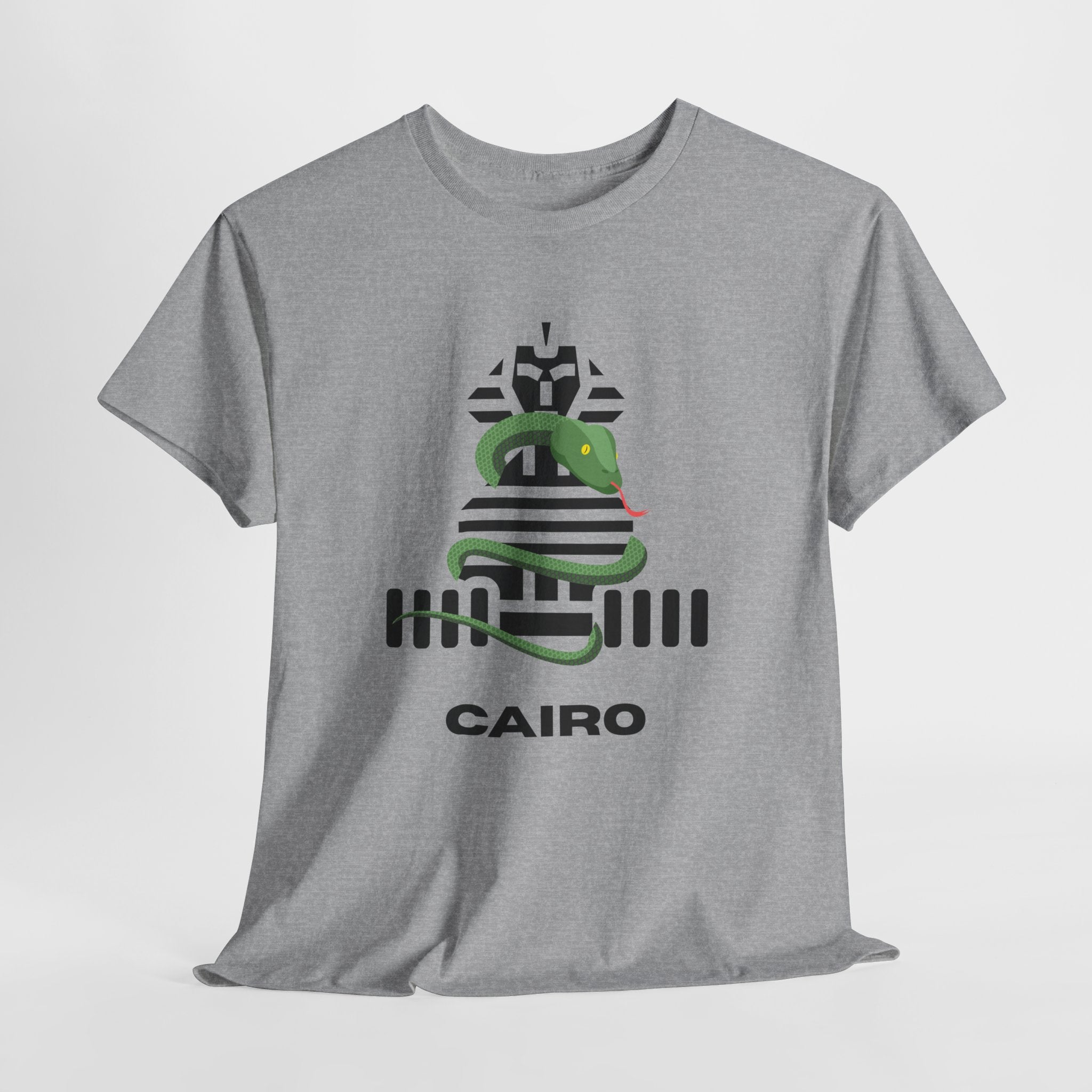 Fun and Quirky Sphynx Graphic Cairo Unisex Heavy Cotton Tee — Green Snake Egyptian Graphic T-Shirt