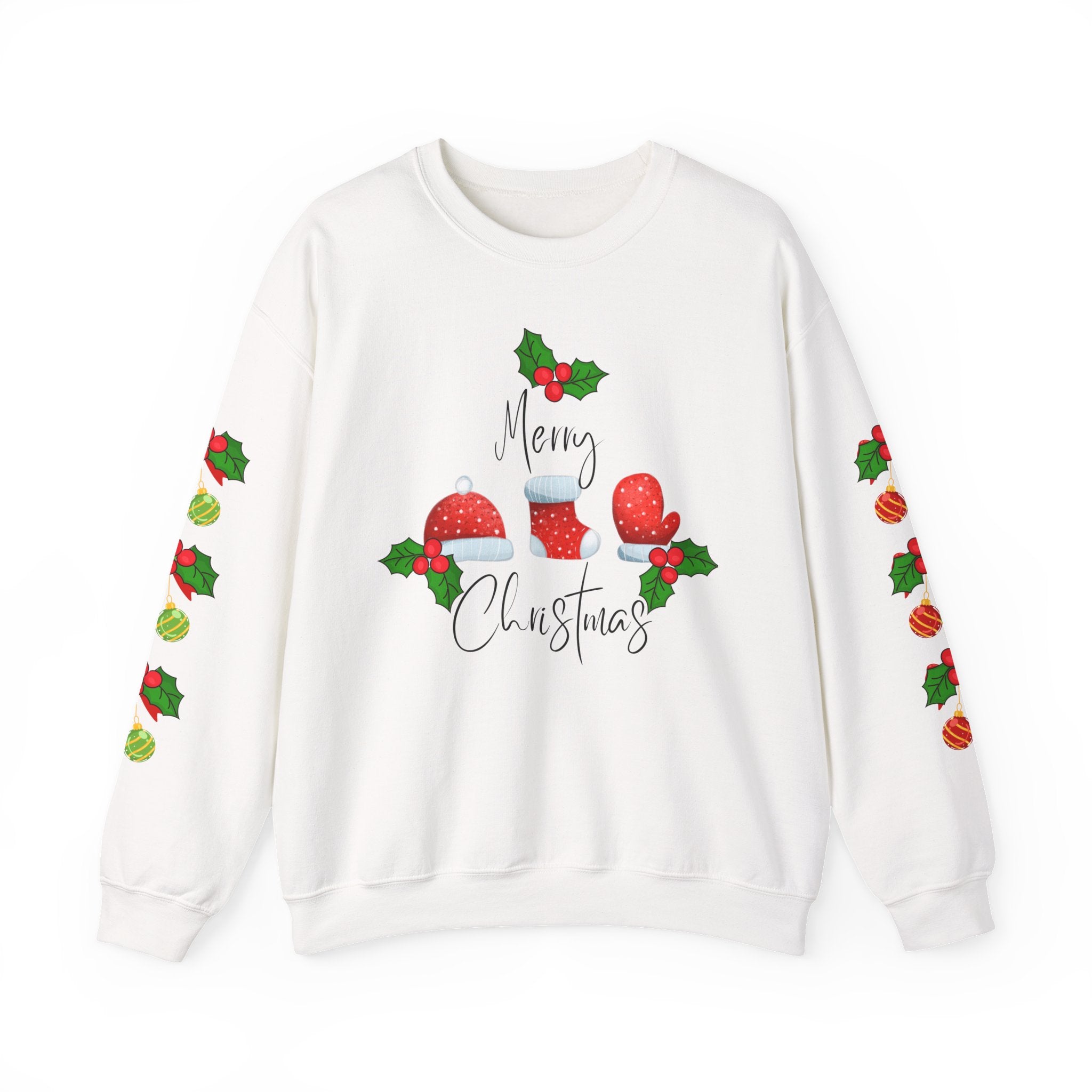 Festive Christmas Ornaments Unisex Sweatshirt Embellished with Side Arm Printing— 'Merry Christmas' Festive Holiday Crewneck