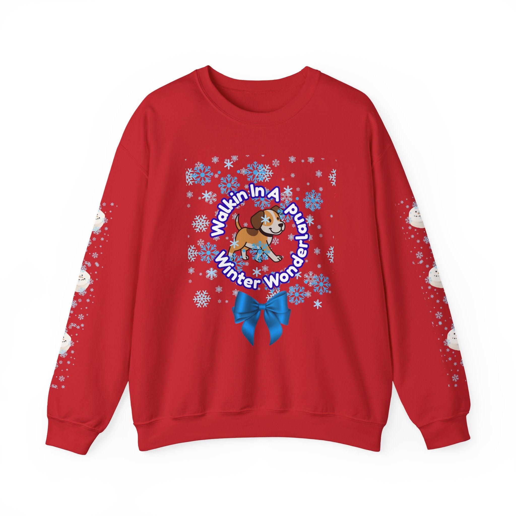Happy Dog Lover Holiday "Walkin' In A Winter Wonderland" Unisex Crewneck Sweatshirt with Side Arm Embellishments