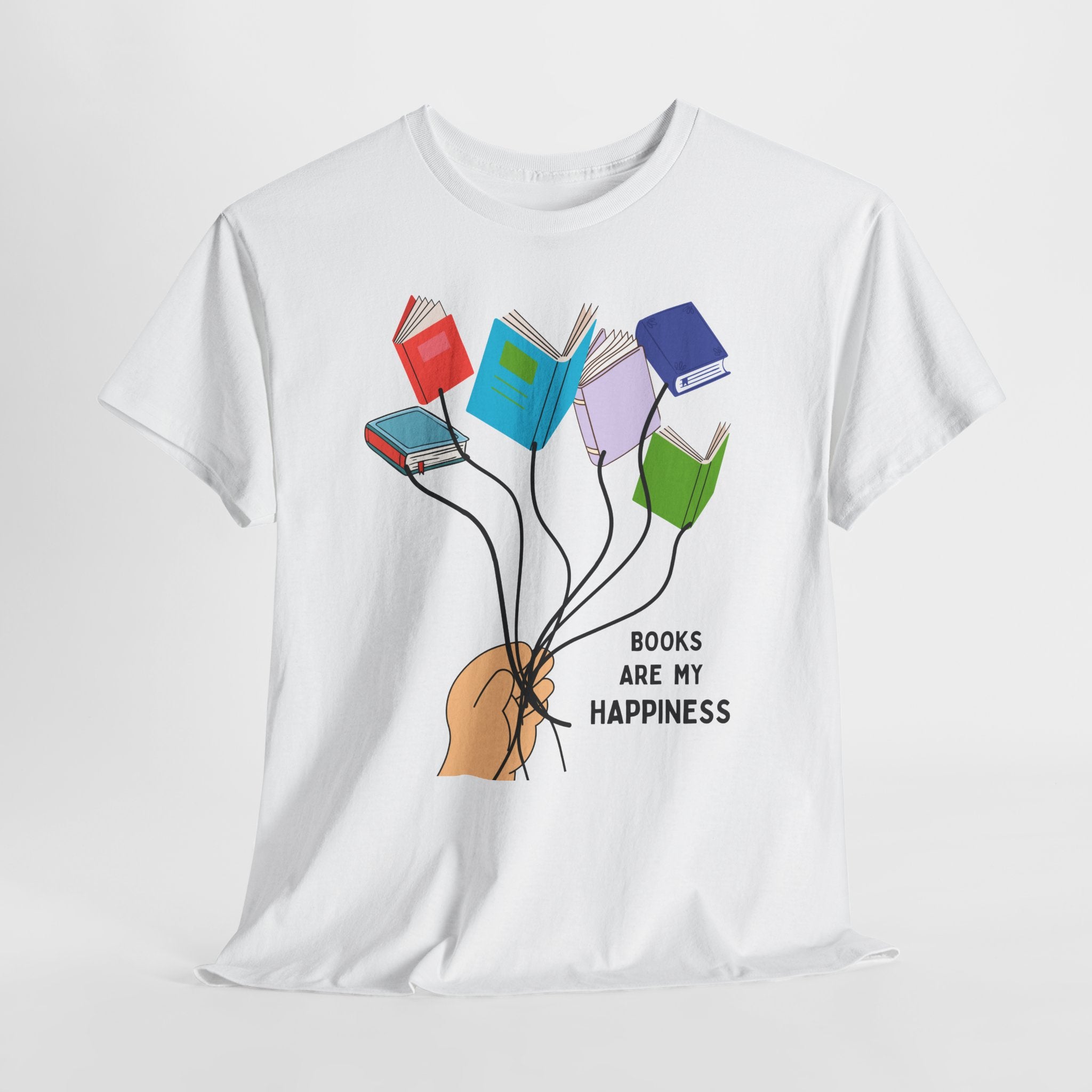 Fun Books Are My Happiness Unisex Heavy Cotton T-Shirt — Book Lover Tee with Colorful Book Balloon Bouquet