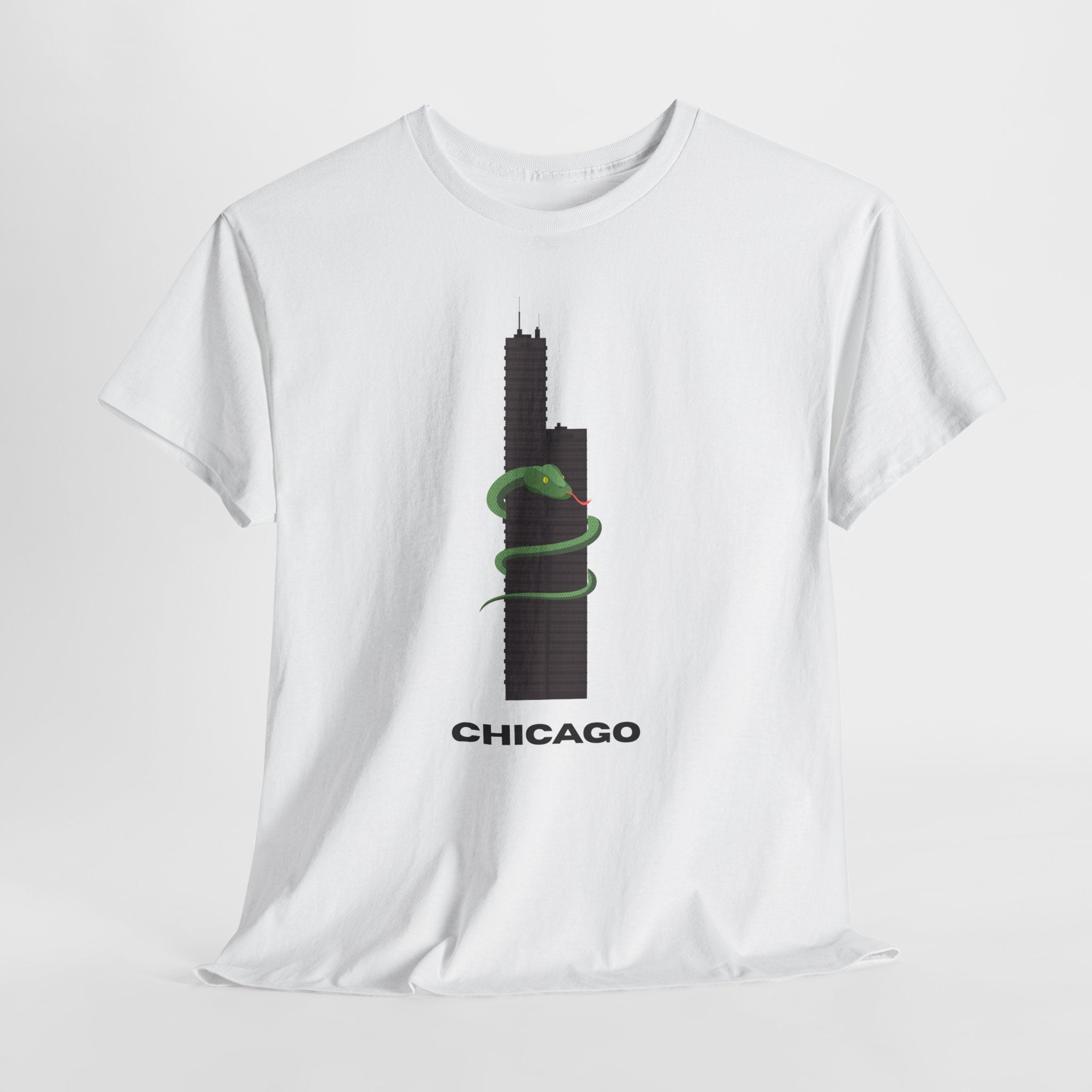 Fun and Quirky Graphic Chicago Skyline  Unisex Heavy Duty T-Shirt with Green Snake Graphic