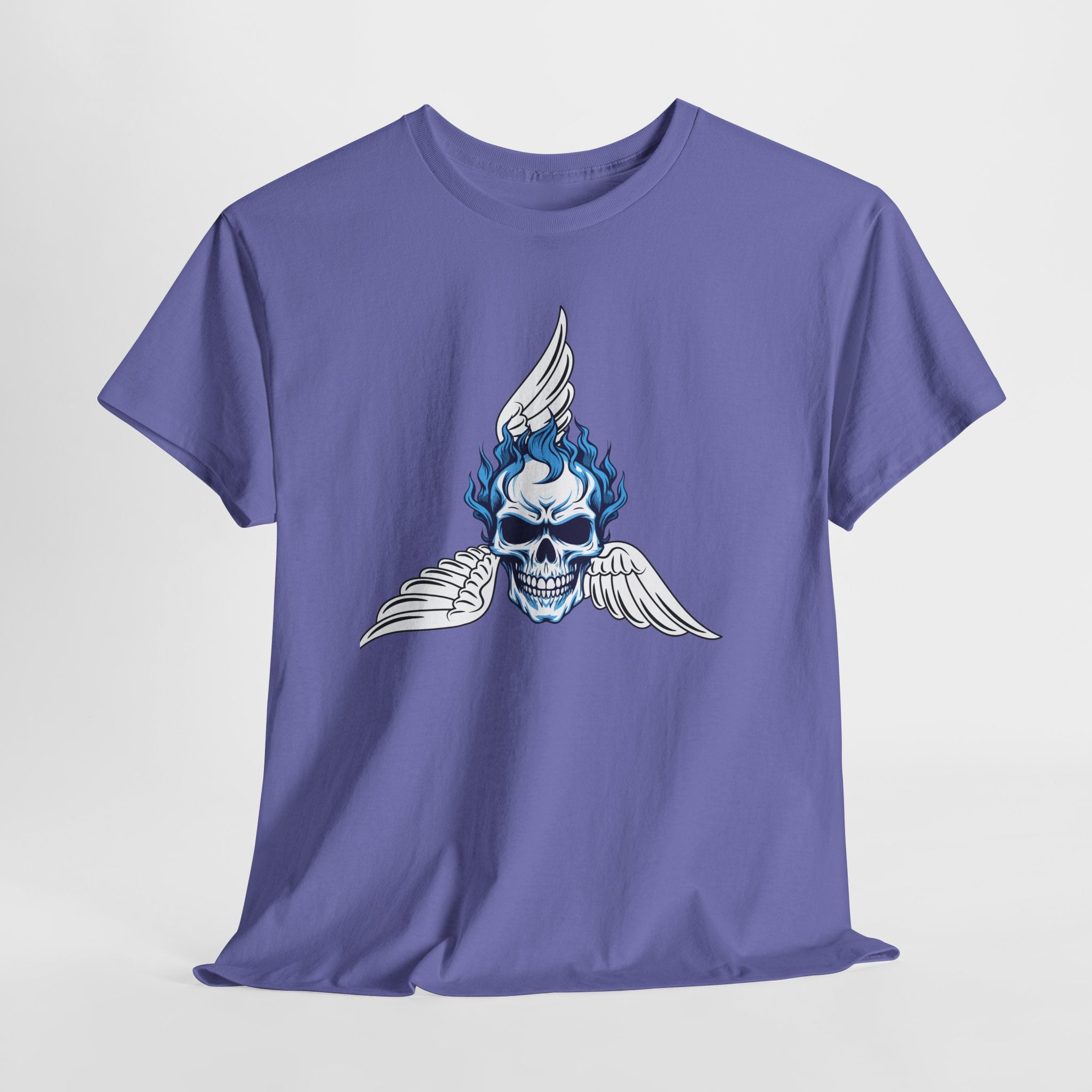 Fun Graphic Skull Flame Tee — Blue Flaming Skull with Wings Graphic  Unisex Heavy Cotton T-Shirt