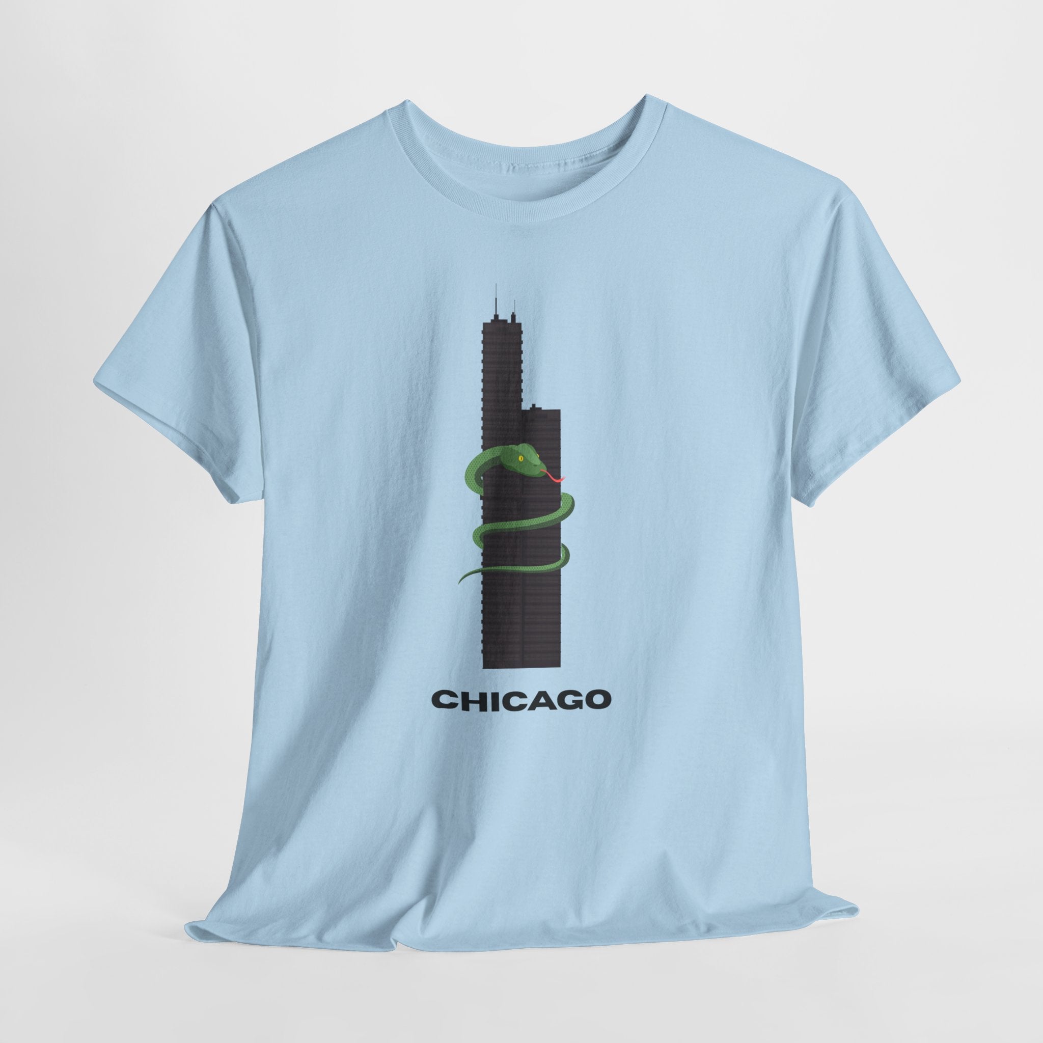 Fun and Quirky Graphic Chicago Skyline  Unisex Heavy Duty T-Shirt with Green Snake Graphic