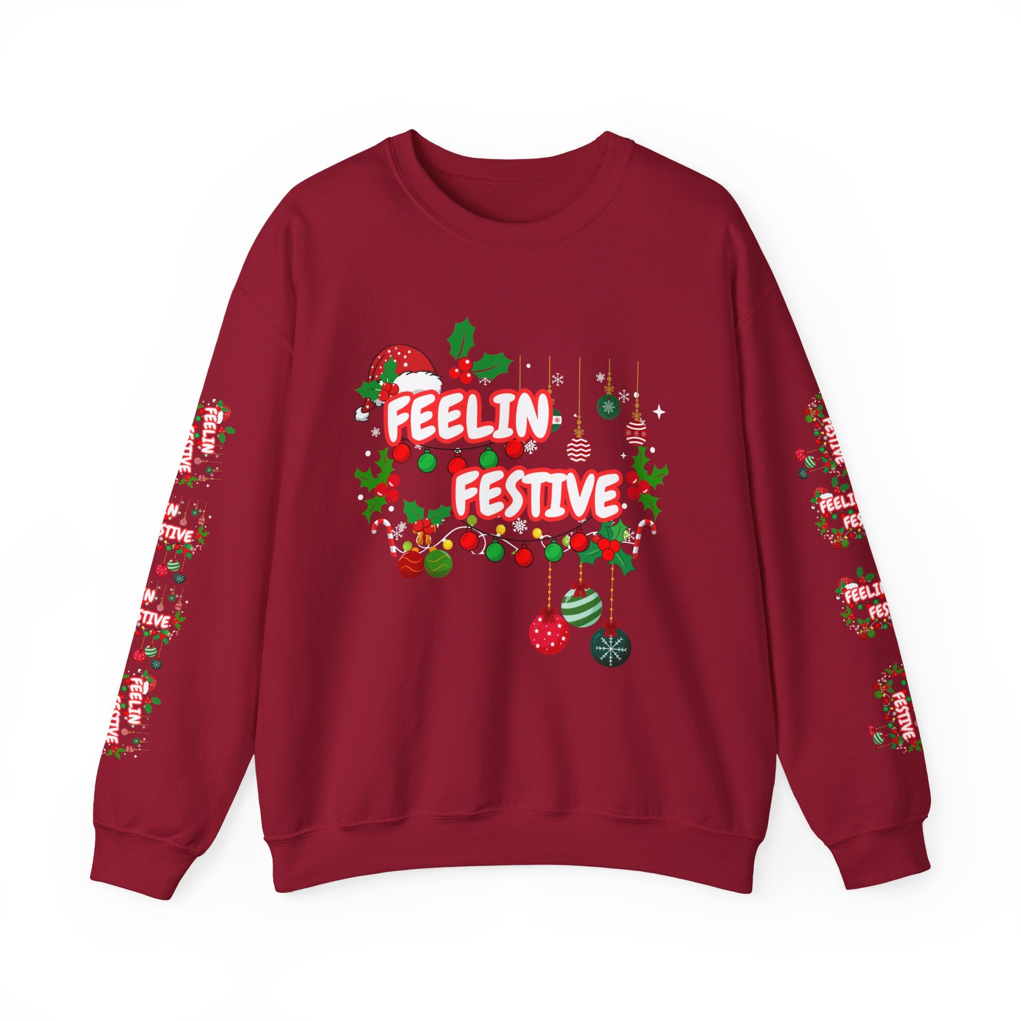Fun and Traditional Colored Feelin' Festive Crewneck Unisex Sweatshirt with Sleeve Embelishments— Christmas Holiday Graphic On Front and Sleeves