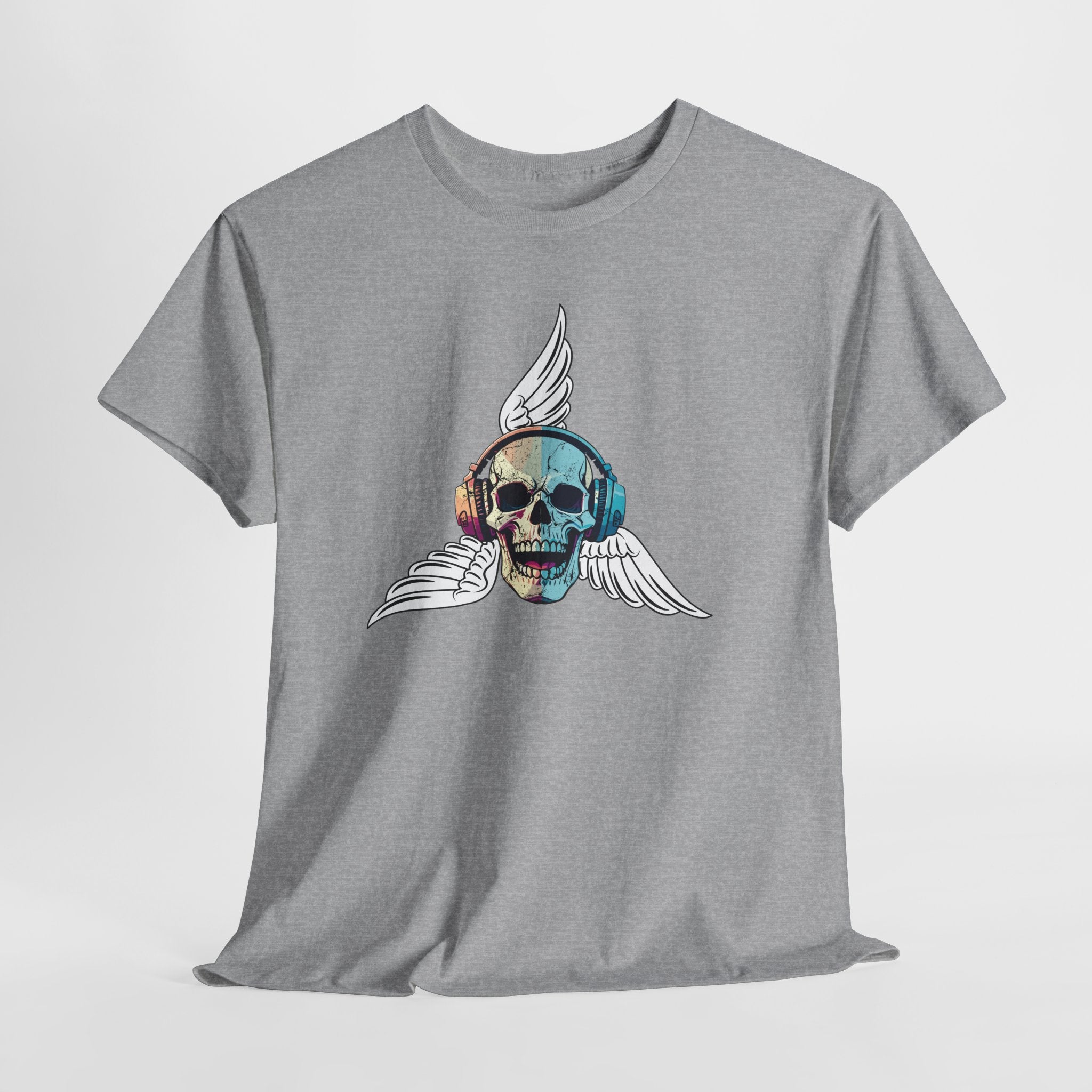 Fun Beats Skull with Wings Graphic  Unisex Heavy Cotton Tee — Vintage Rock Music Skull T-Shirt