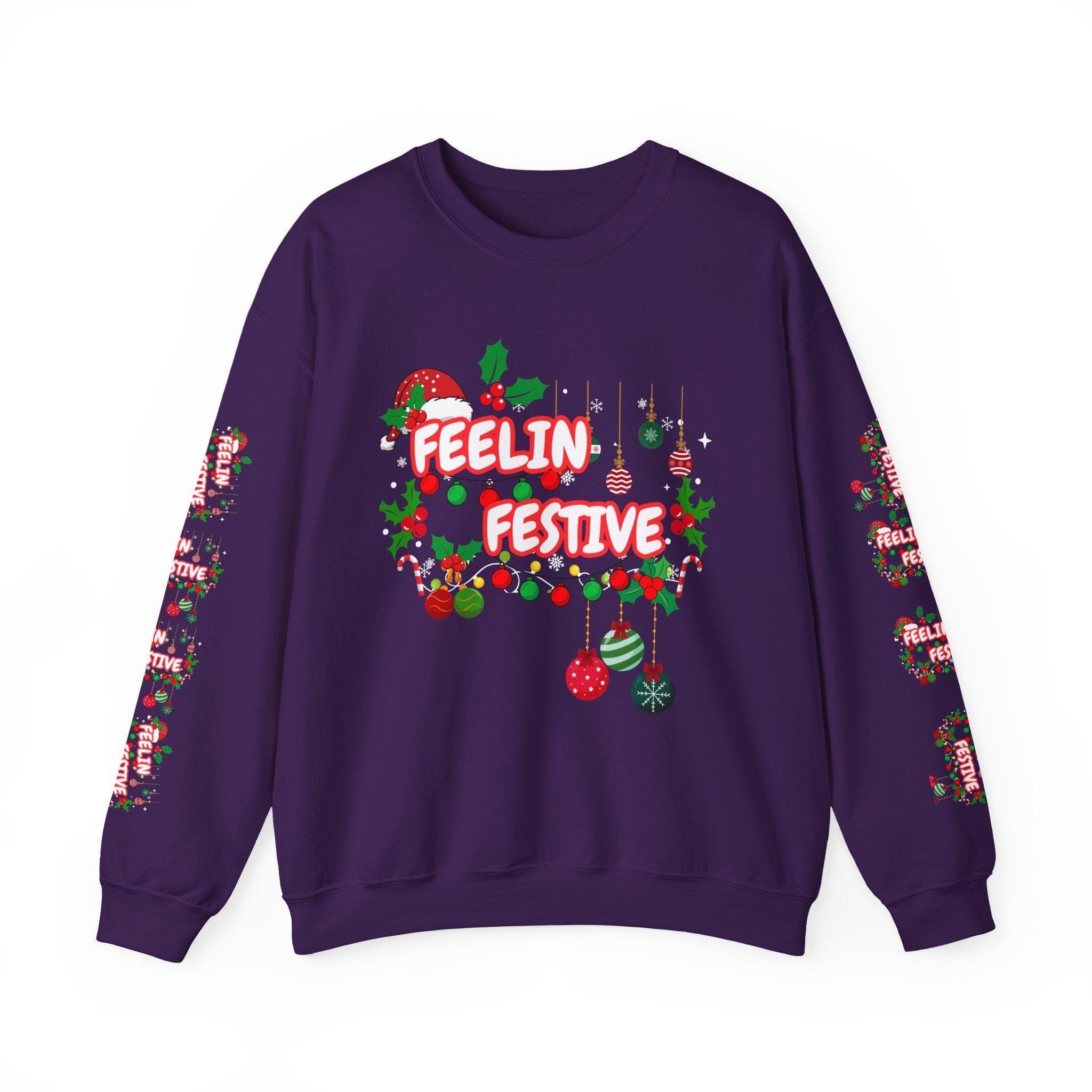 Fun and Traditional Colored Feelin' Festive Crewneck Unisex Sweatshirt with Sleeve Embelishments— Christmas Holiday Graphic On Front and Sleeves