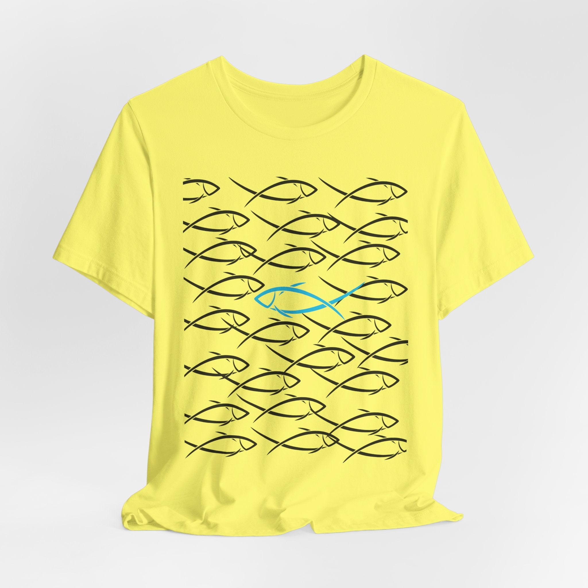 Graphic School of Fish Unisex Heavy Cotton Tee — "Go In Your Own Direction" Blue Highlighted Fish Graphic T-Shirt