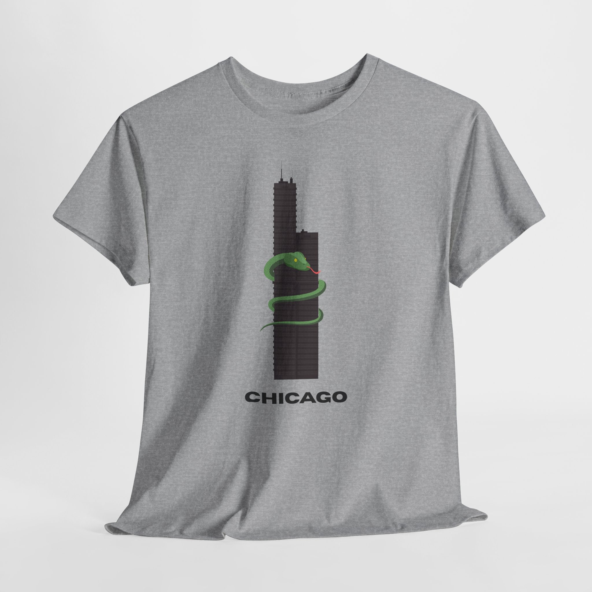 Fun and Quirky Graphic Chicago Skyline  Unisex Heavy Duty T-Shirt with Green Snake Graphic