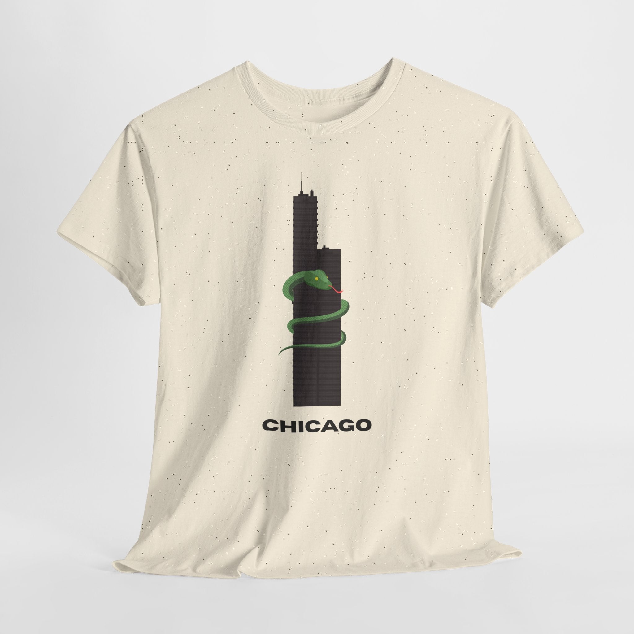 Fun and Quirky Graphic Chicago Skyline  Unisex Heavy Duty T-Shirt with Green Snake Graphic