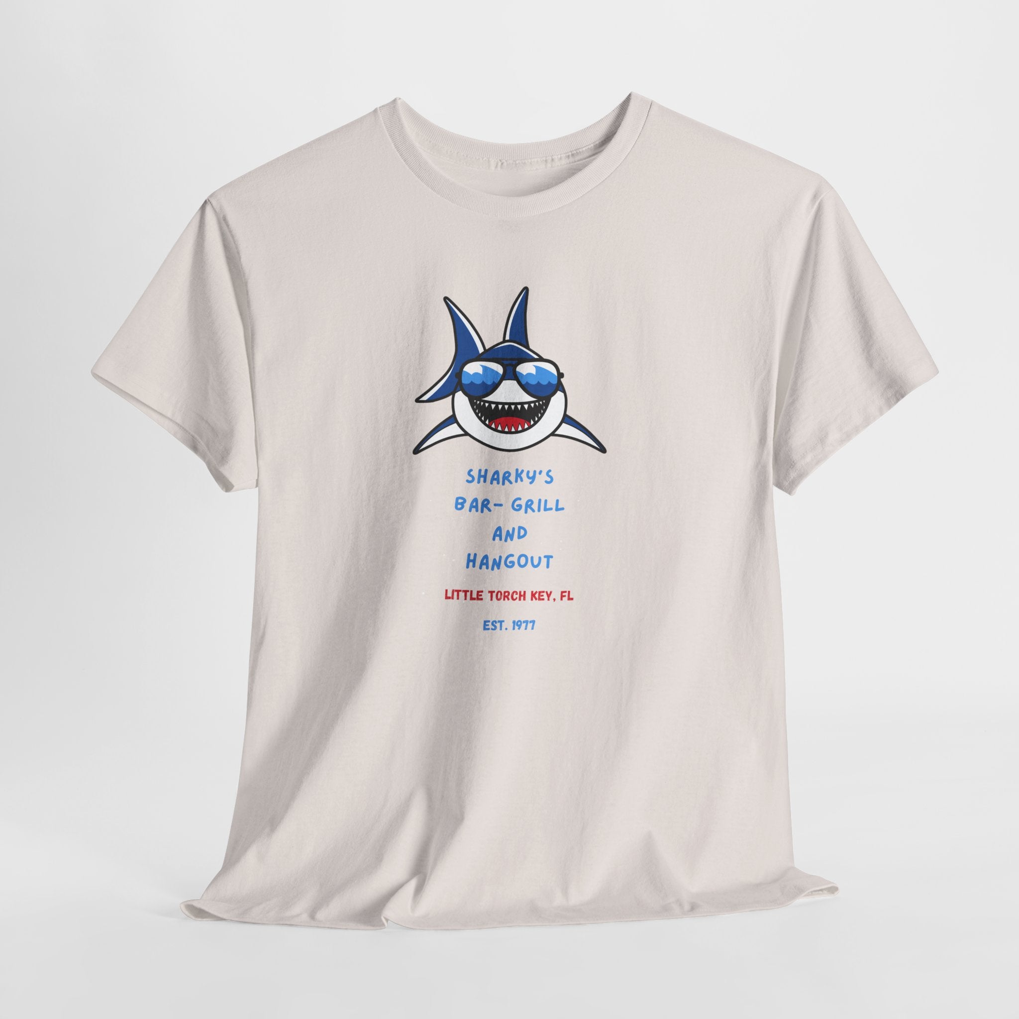 Unisex Cotton Tee - Sharky’s Hangout, in The FL. Keys Fun Graphic Tee, Summer Casual Wear, Beach Party Shirt, Gift for Ocean Lovers